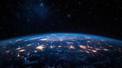 Obraz premium A breathtaking view of Earth at night, as seen from space, with twinkling city lights illuminating the planet against a backdrop of a vast, star-studded sky.