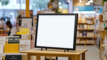 Black Framed Whiteboard Mockup on Stand in Modern Store Environment with Soft Focus Background for Creative Displays and Marketing Ideas