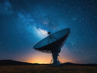 Satellite dish under a starry sky at twilight, capturing signals.