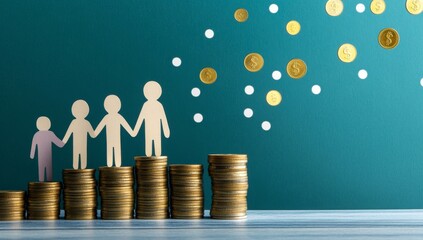 Paper Cutout Family on Coins with Floating Gold