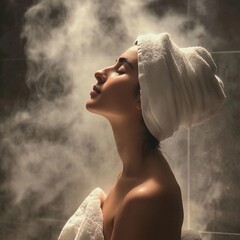 Fototapeta premium Woman enjoying a steamy spa treatment while relaxing in a serene atmosphere with a towel wrapped around her hair and body