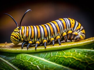 Naklejka premium Monarch Caterpillar on Green Leaf - Night Macro Photography