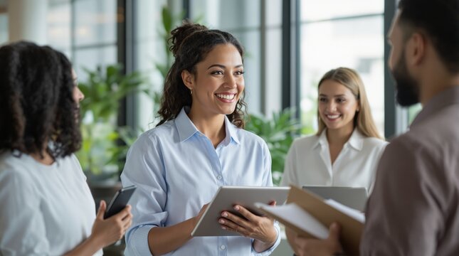 Smiling professionals engaged in a meeting holding devices in a contemporary office space, with greenery and large windows. Concept of teamwork. Ai generative