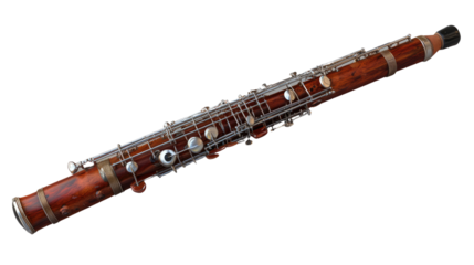 Duduk: Close-up view of a duduk, a traditional double reed woodwind instrument, showcasing its intricate details and rich, dark wood finish.  