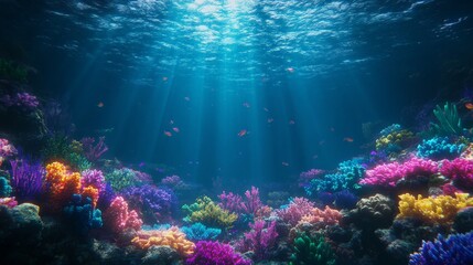 Fototapeta premium coral reefs teem with life, bathed in the ethereal glow of sunlight filtering through the crystal-clear water.