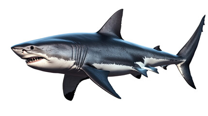 Obraz premium Majestic Great White Shark: A powerful great white shark, a symbol of the ocean's untamed beauty and strength, is captured in a striking profile view, showcasing its imposing size and sharp teeth.