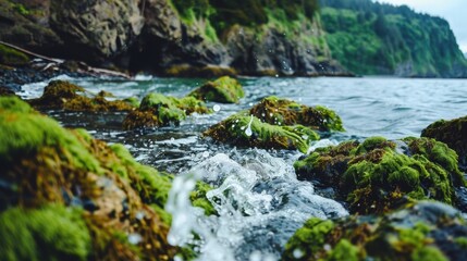 Fototapeta premium Moss-Covered Rocks by Ocean Waves on a Rocky Coastline