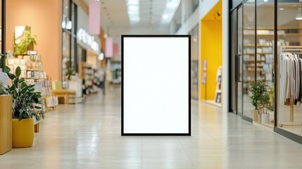 Blank White Board in the Middle of a Modern Retail Store Interior, Bright and Stylish Design Suitable for Displaying Promotions or Information