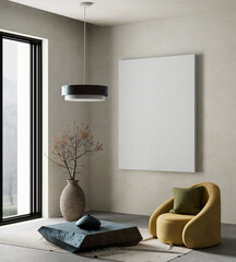 living room interior mock up with modern furnitures. Poster frame mock up in modern interior design. 3D illustration