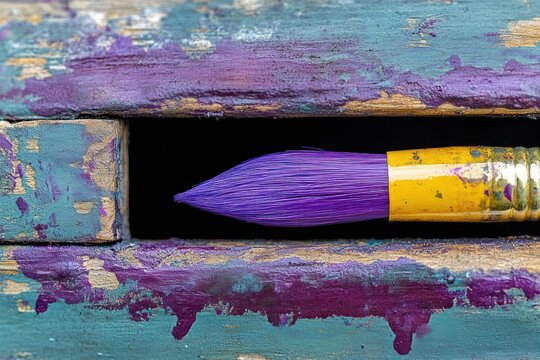 A bright purple paintbrush tip peeking through a small gap in an artist's toolbox.