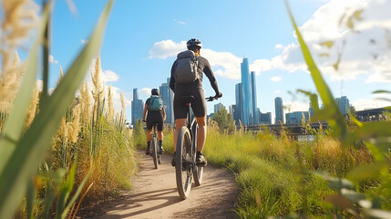 Cyclists ride mountain bikes on trail, city skyline in background, sunny day, active lifestyle