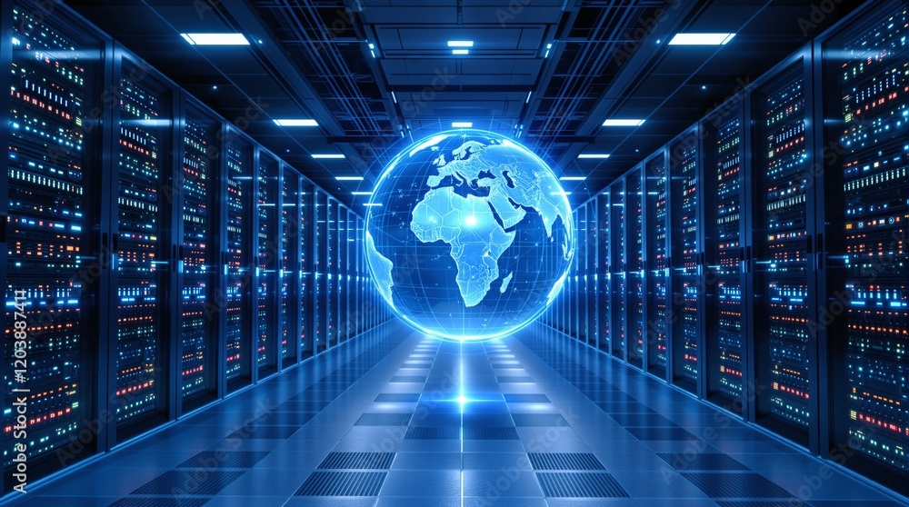 Aufkleber glowing globe in a futuristic server room with blue lighting, surrounded by brightly lit server rack
