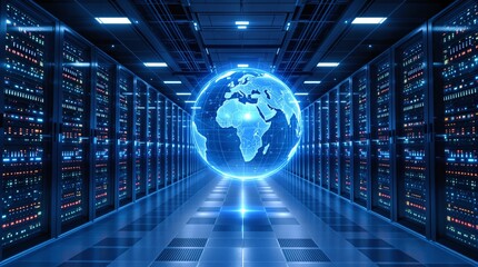 Glowing globe in a futuristic server room with blue lighting, surrounded by brightly lit server racks. Concept of global technology connection. Ai generative