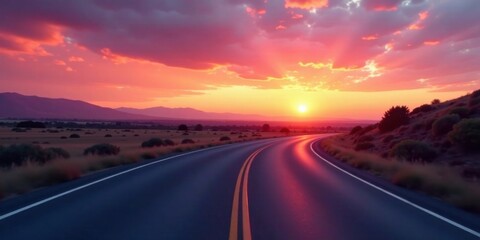 Fototapeta premium Serene Sunset Highway Journey A Winding Asphalt Road Leads Towards a Vibrant, Colorful Horizon