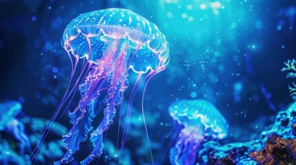 Fototapeta premium Neon Jellyfish Glowing Underwater in Dark Ocean
