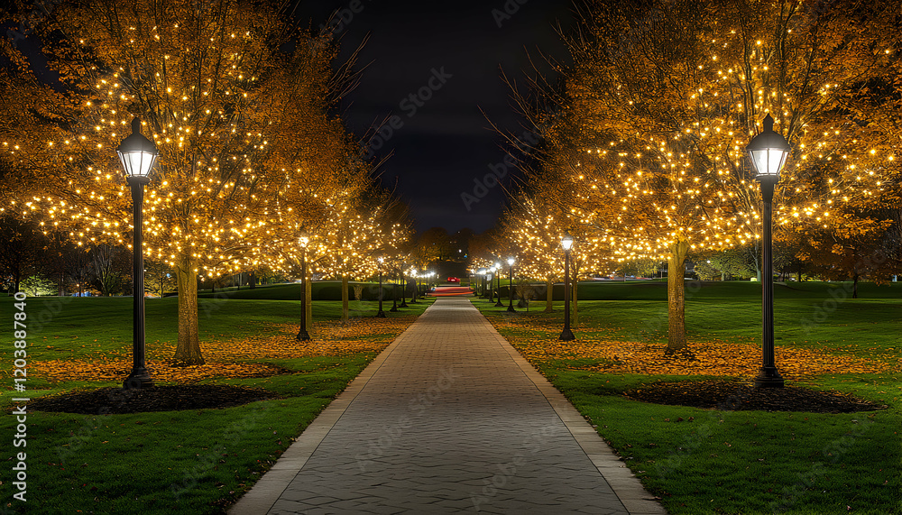 Poster magical nighttime pathway lined with illuminated trees and elegant lampposts, creating a serene and 