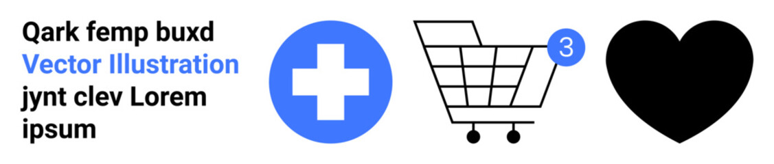 Obraz premium Combination of text, blue medical cross, shopping cart with notification, and black heart. Ideal for ecommerce, health, medical supplies, digital marketing, shopping, notifications, UI design