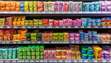 Obraz premium Grocery Store Shelf Filled with Colorful Products and Junk Food
