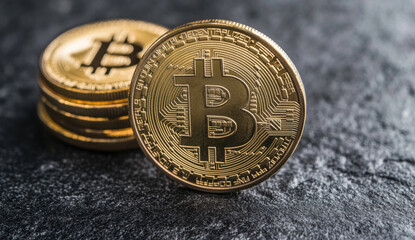 Digital currency coins stacked on dark surface, representing cryptocurrency. shiny gold coins feature Bitcoin symbol, highlighting growing trend of digital finance