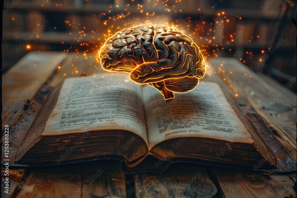 Poster an old, weathered book lying open on wooden table, its pages glowing faintly with blank page. the le
