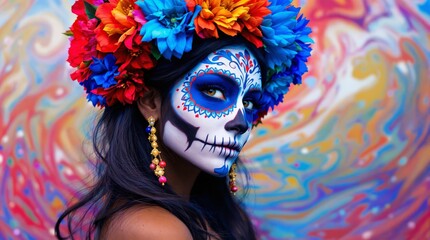 Portrait of a woman with intricate sugar skull makeup and bright floral headdress, standing against a swirling multicolored artistic background. Concept of cultural celebration. Ai generative