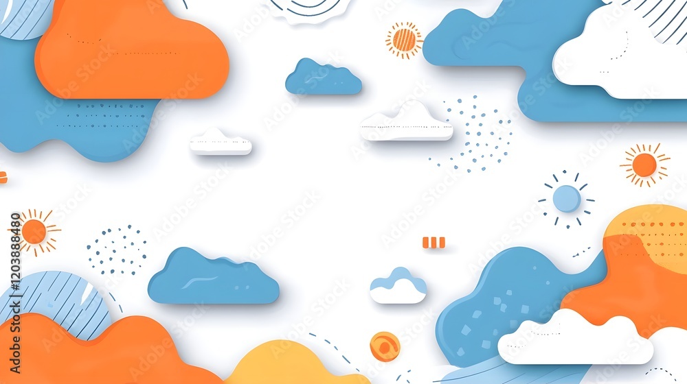 Poster a colorful abstract design featuring clouds and suns, suitable for backgrounds or graphics.