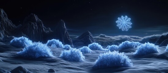 A luminous snowflake glows over a frosty winter mountain landscape