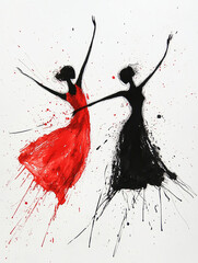 Dancers in vibrant motion celebrate joy through contrasting colors and freeform expressions