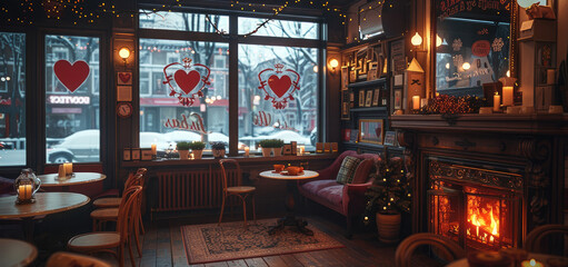 Interior design cozy coffee shop, decorated for Valentine's day with a cozy fireplace.
