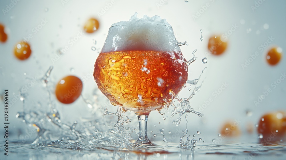 Poster refreshing beverage splashing in a glass with floating citrus fruits in the background