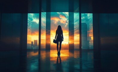 Fototapeta premium Businesswoman in Front of Cityscape at Sunset