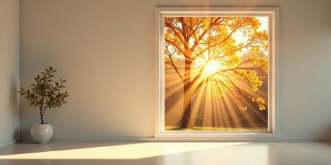 Serene Autumnal Sunlight Streaming Through a Large Window in a Minimalist Room with a Small Potted Plant