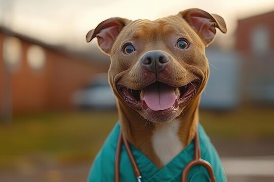 a humorous depiction of a pitbull in scrubs caught in a goofy double take blending cuteness with comic relief in a lighthearted and entertaining scene
