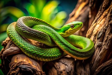 Fototapeta premium Mysterious Green Snake Coiled in Ancient Tree Branches - Nature Stock Photo