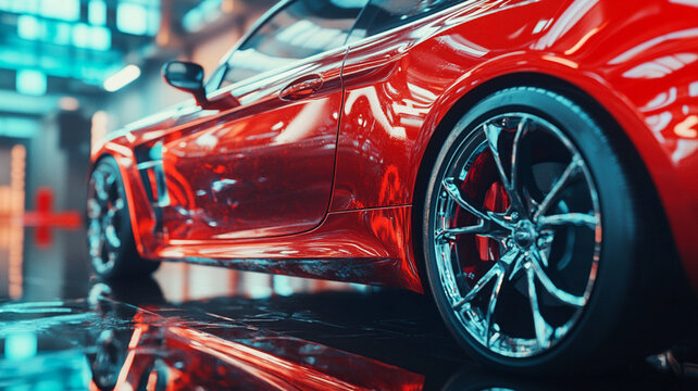 Une photo artistique d&rsquo;un service professionnel d&rsquo;esth&eacute;tique automobile, o&ugrave; un technicien utilise des outils sp&eacute;cialis&eacute;s pour nettoyer et polir l&rsquo;ext&eacute;rieur d&rsquo;un v&eacute;hicule de luxe.