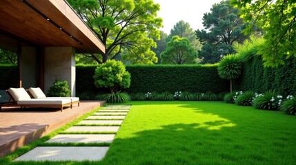 Serene Backyard Oasis Modern Home Design with Lush Greenery, Stone Path, and Comfortable Lounge Chairs