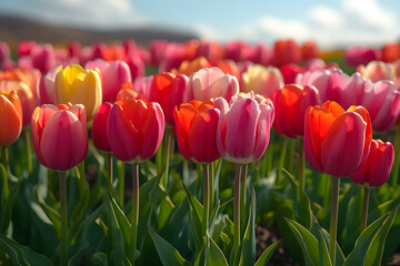 Vibrant Tulip Field Under Sunny Blue Sky