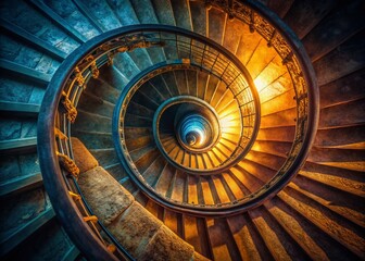 Mysterious Old Spiral Staircase Leading to Unknown Destination - Stock Photo