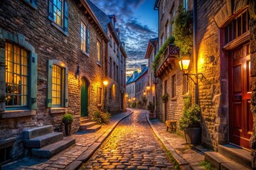 Obraz premium Mysterious Quebec City Alleyway: Cobblestone Street, Shadows, and Vintage Architecture
