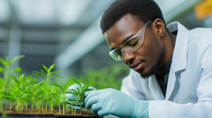 African American man inspecting plants in a greenhouse setting