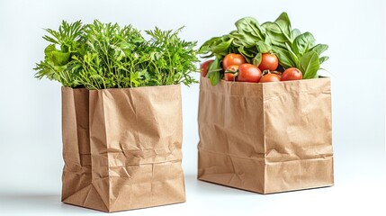A brown paper grocery bag containing fresh produce and another containing nothing, isolated on a white background.