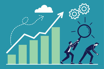 Business growth, data analysis, teamwork, upward trend graph, magnifying glass, blue background, minimalist illustration, flat design, infographic style, cloud icons, green data points, business peopl