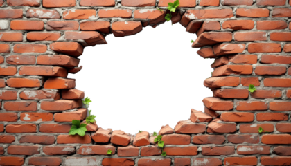 Red brick wall with a white circle space for text or image, with some small green plants around