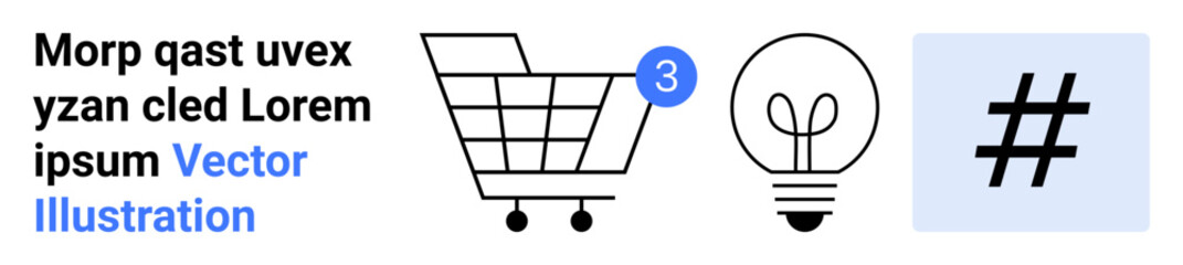 Fototapeta premium Shopping cart with notification, light bulb, and metadata tag symbol in black and white with blue highlights. Ideal for e-commerce, social media, marketing strategies, innovative ideas