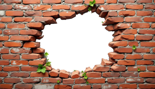 Red brick wall with a white circle space for text or image, with some small green plants around