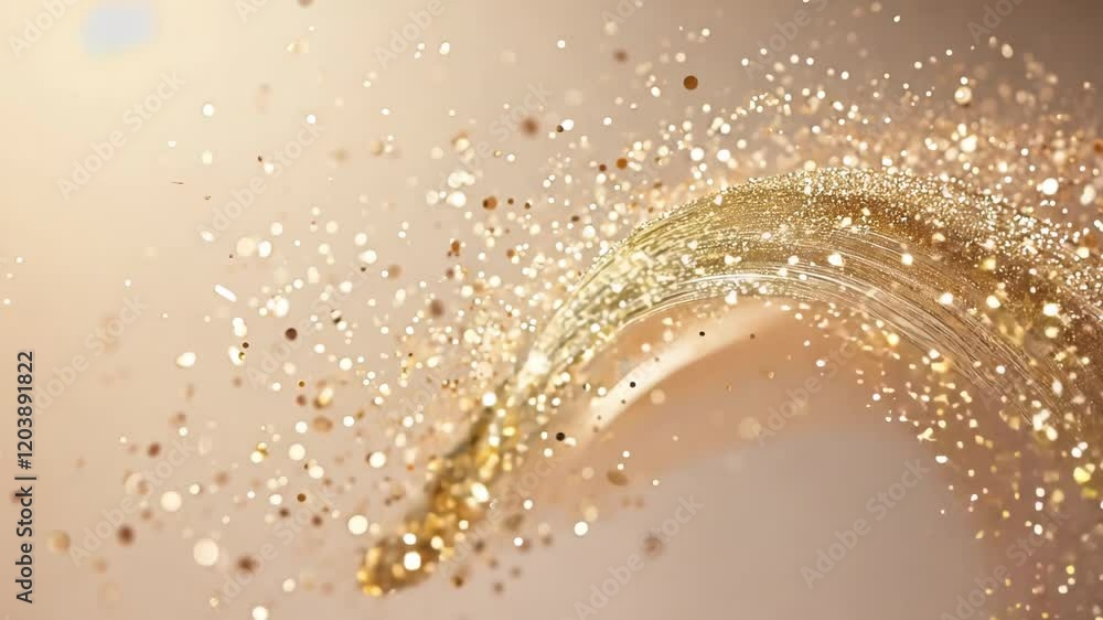 Poster golden sparkles flowing over soft beige background with shimmering elegance, creating a dynamic wave