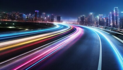 Fototapeta premium Abstract motion curvy urban road with neon light motion effect applied. Automobile on road background.