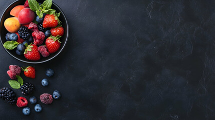 Fresh summer berries in a bowl on dark background, perfect for healthy food blogs or recipe websites