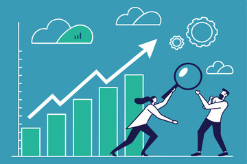 Business growth, data analysis, teamwork, upward trend graph, magnifying glass, blue background, minimalist illustration, flat design, infographic style, cloud icons, green data points, business peopl