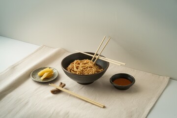 Fototapeta premium Delicious Noodles Served in a Dark Bowl with Chopsticks and Sauce